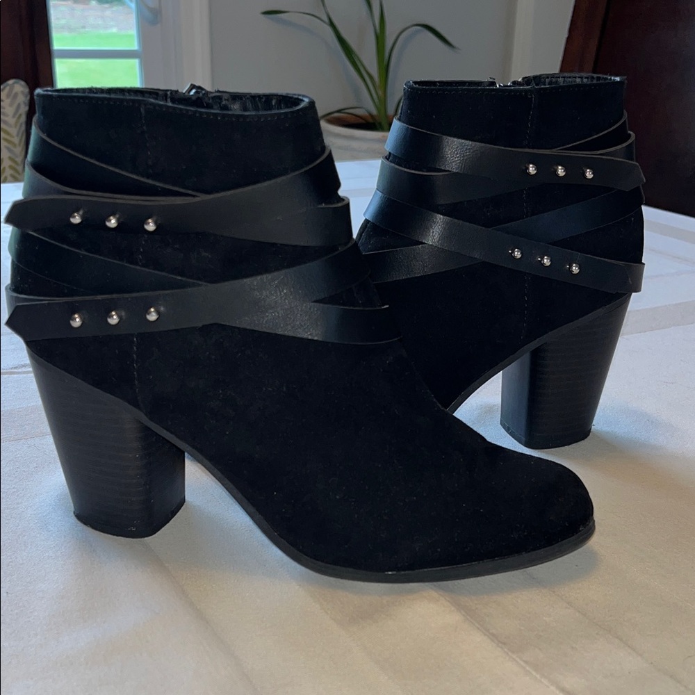 Material Girl Black Mini Ankle Booties, With Studded Straps Size 9.5